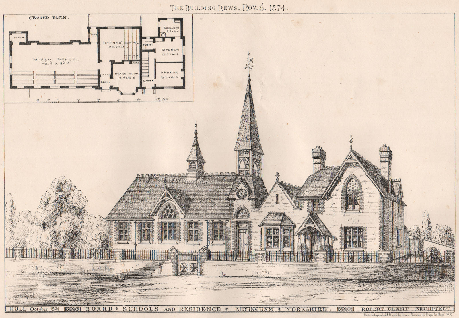 Board Schools & residence, Keyingham, Yorkshire; Robert Clamp 1874 old print